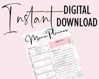 Roses and Leopard Print Weekly Menu Planner - Instant Digital Download - Printable Menu Planner