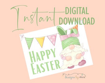 Gnome Happy Easter Greeting Card - Instant Download - Easter Printable Greeting Card