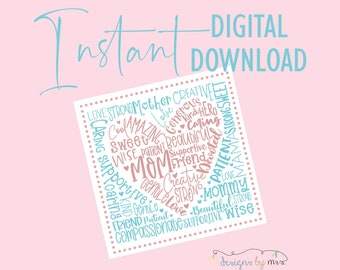 Mother's Day Heart Subway Art - Mother's Day Printable Card - Instant Download - Words Honoring Mom