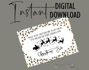 Santa and Sleigh "May You Never Be Too Old to Search the Skies on Christmas Eve" - Christmas Card - Printable Christmas Card