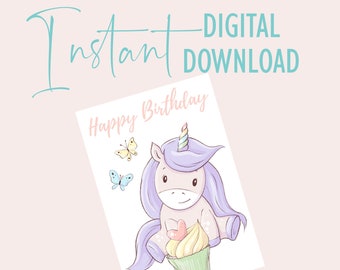 Unicorn with Cupcake Birthday Card - Printable Unicorn Birthday Card - Instant Download - Unicorn Happy Birthday