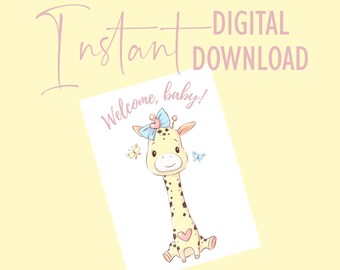 Cute Giraffe "Welcome, Baby" Card for Girls - Baby Shower Card - Instant Download - Printable Baby Shower Card