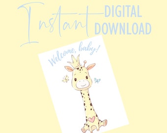 Cute Giraffe "Welcome, Baby" Card for Boys - Baby Shower Card - Instant Download - Printable Baby Shower Card