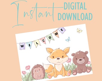 Forest Friends "Welcome" Banner Card for Baby - Welcome Baby - New Baby - Baby Shower Card