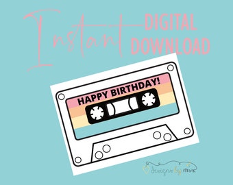 80's Pastel Cassette Birthday Card - Birthday Card - Instant Download - Printable Birthday Card - 1980's - Retro Birthday Card