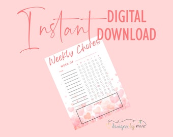 Valentine's Day Hearts Weekly Chore Planner  - Instant Digital Download - Chore Chart - Adult Chore Chart
