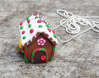 Polymer Clay Gingerbread House. OOAK. Candies pendant Necklace. Christmas Jewelry.
