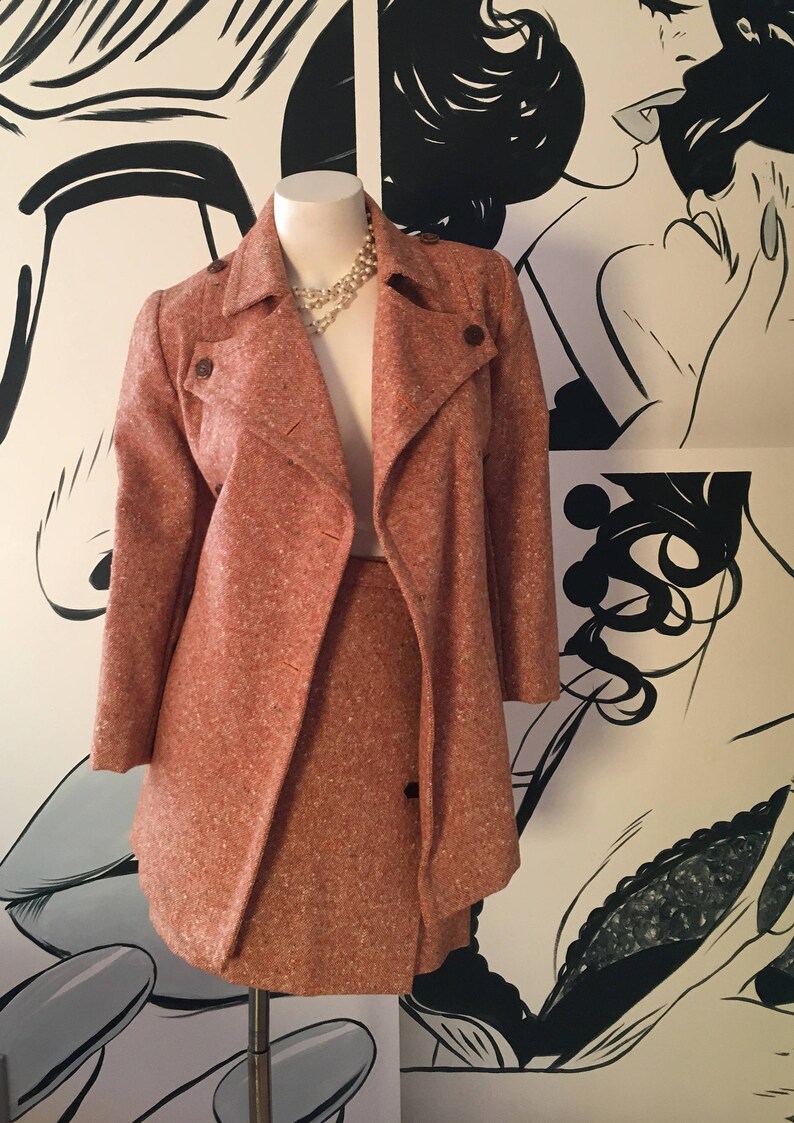 2 Piece Vintage Tweed Double Breast Coat Skirt Set