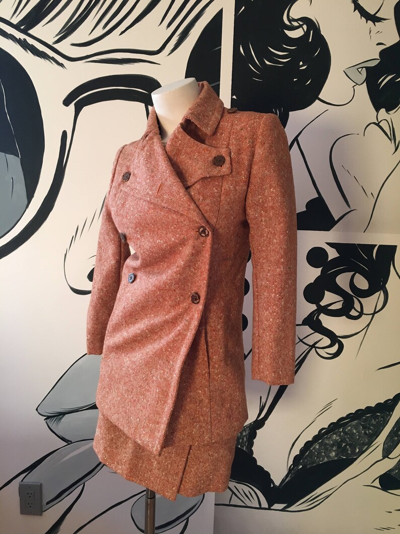 2 Piece Vintage Tweed Double Breast Coat Skirt Set