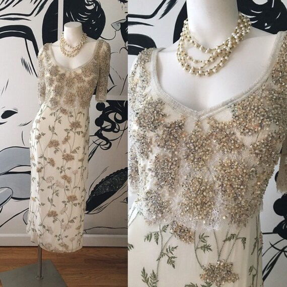 Badgley Mischka Floral Beaded Evening Gown