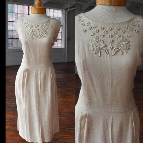 40s Linen Floral Applique Sleeveless Dress