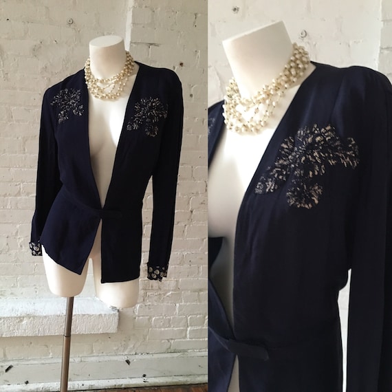Navy Blue 1940s Blazer with Embroidered Floral Pat