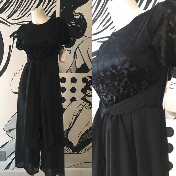 Black Jumpsuit with Velvet Floral Pattern