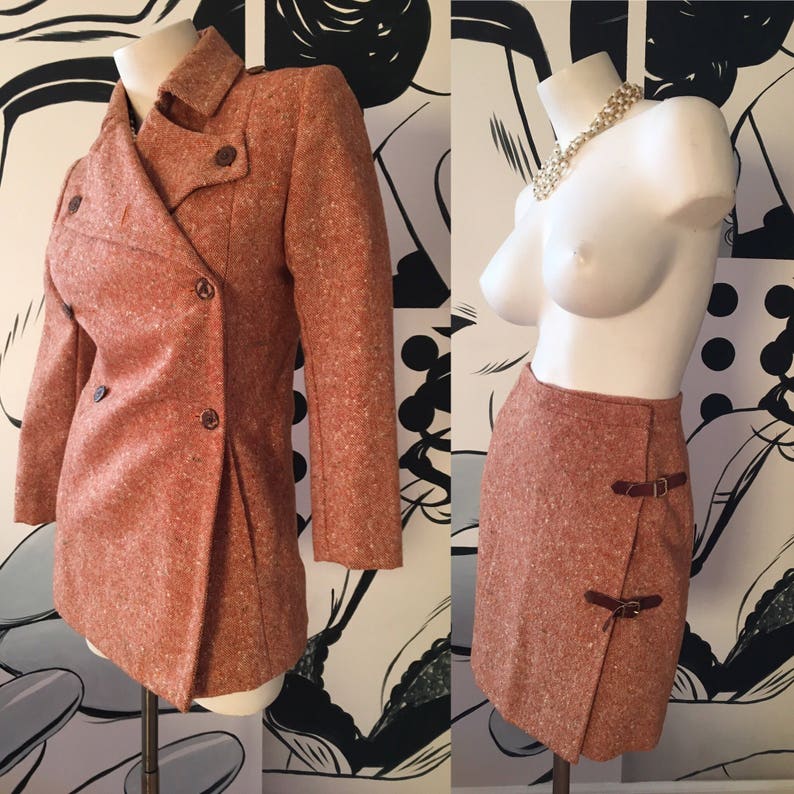 2 Piece Vintage Tweed Double Breast Coat Skirt Set