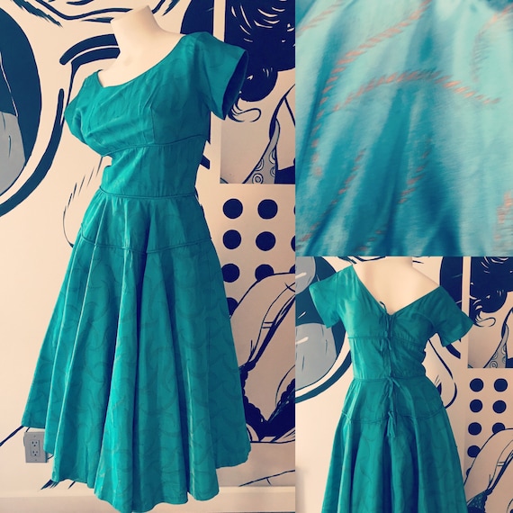 Teal 1950s Dress with Gold Tone Fern Print