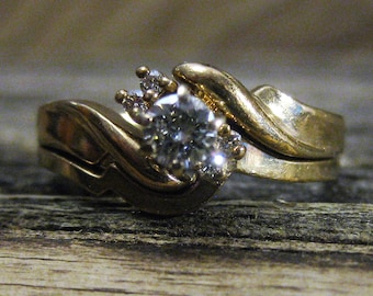 1/4 carat WEDDING SET DIAMOND engagement ring, 14 kt yellow gold, size 6 1/4, sizable, retro chic.