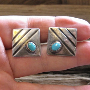 ca. 1950-60 sterling TURQUOISE CUFF LINKS, 3/4". Vintage chic business wear, unisex design. Unique gift. Collectible Sleeping Beauty stones.