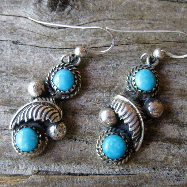 Navajo TURQUOISE FOLIATE dangle EARRINGS, artisan hand crafted sterling silver leaf feather motif, collectible Sleeping Beauty turquoise.