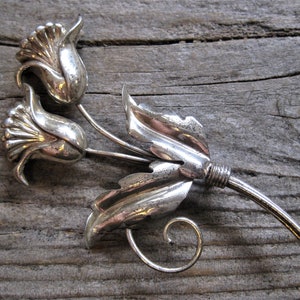 ca. 1950 large 3 1/2&quot; BROOCH pin LANG Sterling FLOWERS. Large mid century collectible, recognizable vintage quality. Unique wearable art.