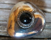 sterling PILL med BOX trinket SNUFF stash, hinged heart, black onyx focal cabochon. Artisan hand crafted, 1 1 2 quot x 3 4 quot deep. Perfect size.