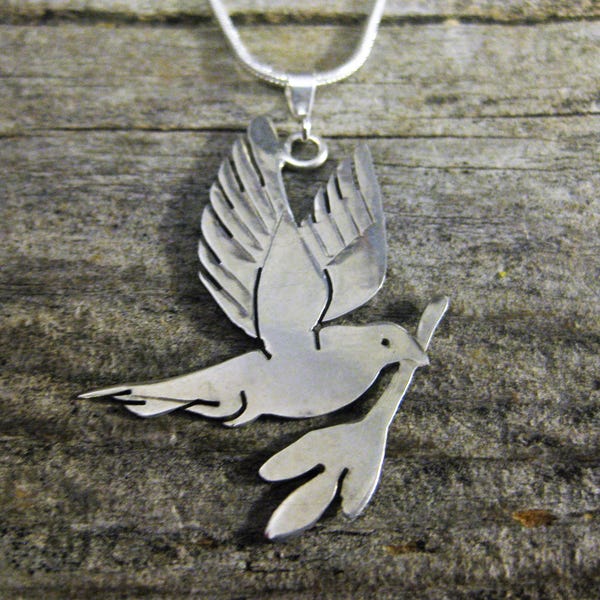 sterling PEACE DOVE 1 1/2" PENDANT 16" necklace, artisan crafted spiritual talisman amulet. Christian symbol purity faith.  Meaningful gift.