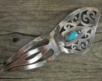 NAVAJO 5.5&quot; sterling TURQUOISE HAIRPIN, bun comb, fork, hair stick. Artisan crafted, signed. Recognizable quality vintage, wearable art.