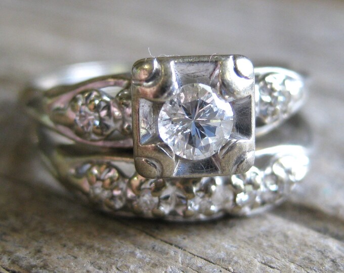 1920-30 14kt White Gold Art Deco DIAMOND WEDDING SET, 4.2 Grams ...
