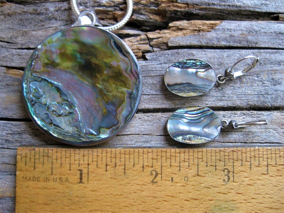 sterling ABALONE 1 3/4" PENDANT 20" necklace & ea… - image 7