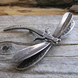 sterling DRAGONFLY BROOCH PIN, large 3" detailed, dimensional, artisan hand made. Transformation, freedom.