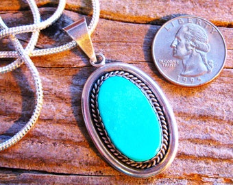 Navajo 2" PENDANT 20" NECKLACE, collectible Sleeping Beauty TURQUOISE, signed sterling. Southwestern wearable art.
