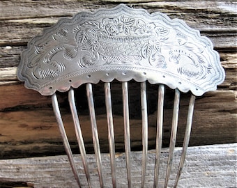 ca 1800 sterling HAIR comb, Antique collectible, artisan crafted engraved Georgian Victorian era treasure. Wedding, bridal. Heirloom.