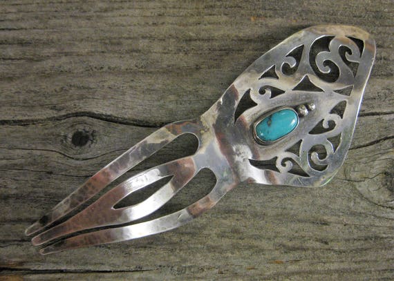 Navajo Sterling Turquoise Hairpin 5 5 Bun Comb Fork Etsy