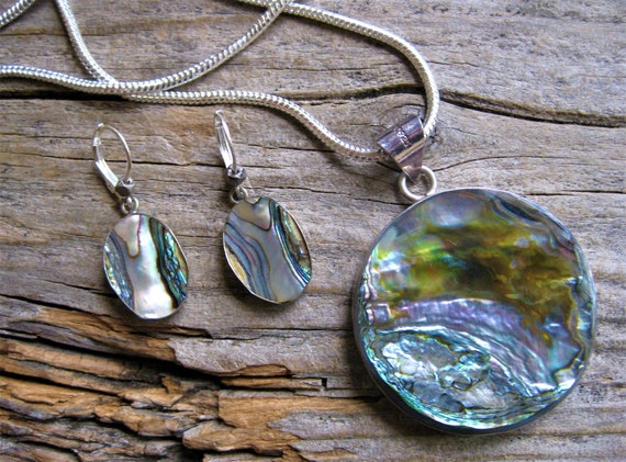 sterling ABALONE 1 3/4" PENDANT 20" necklace & ea… - image 2