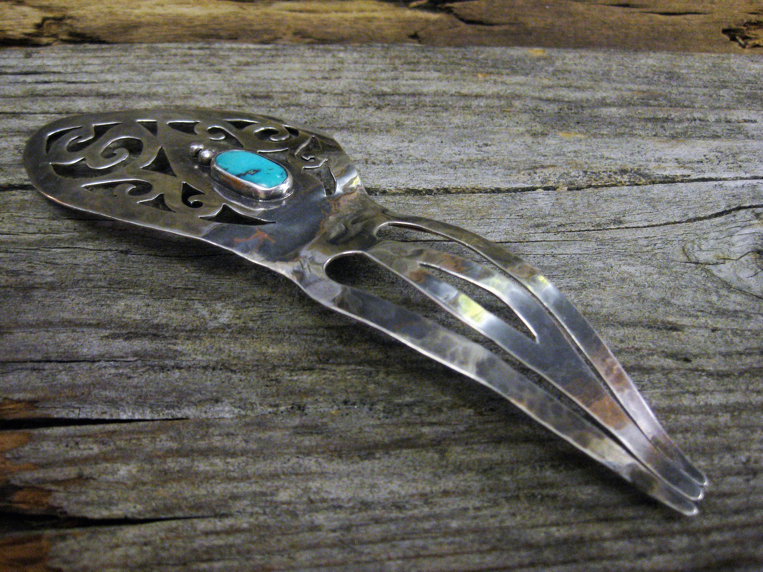 Hair Stick Pin Sterling Turquoise 4in Handmade  Ornament Bun Twist Southwest USA Turquoise Sterling Silver Hair Stick, Wood Bun up Hair  main image 4