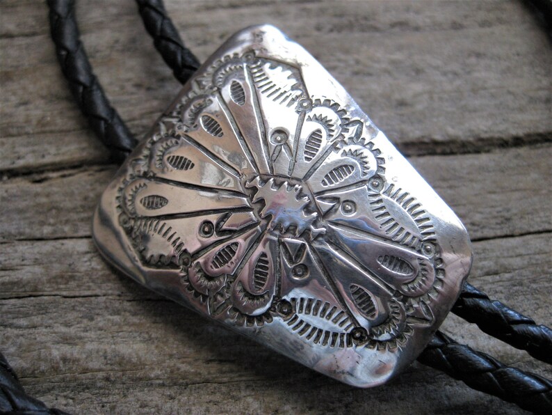 Southwestern traditional Eagle feather motif Navajo artisan crafted wearable art Barn wedding unisex. sterling BOLO bola string TIE