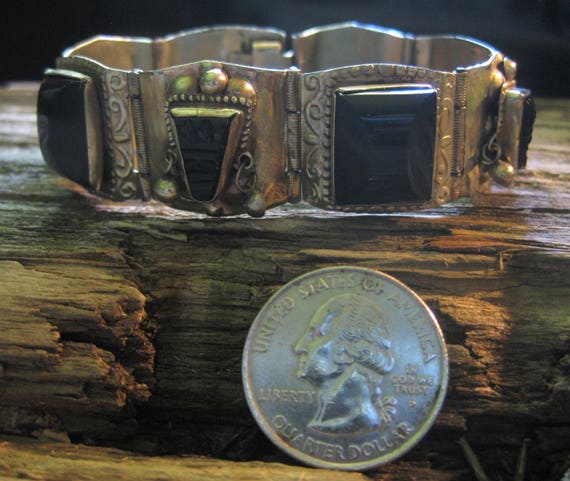 ca. 1940 carved BLACK ONYX TAXCO panel bracelet, … - image 3