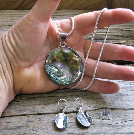 sterling ABALONE 1 3/4" PENDANT 20" necklace & ea… - image 1