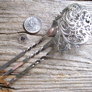 ca 1840-70 sterling VICTORIAN 5 3/4&quot; hand etched engraved HAIR COMB pin bun holder. Artisan antique collectible. Sturdy for all hair types.