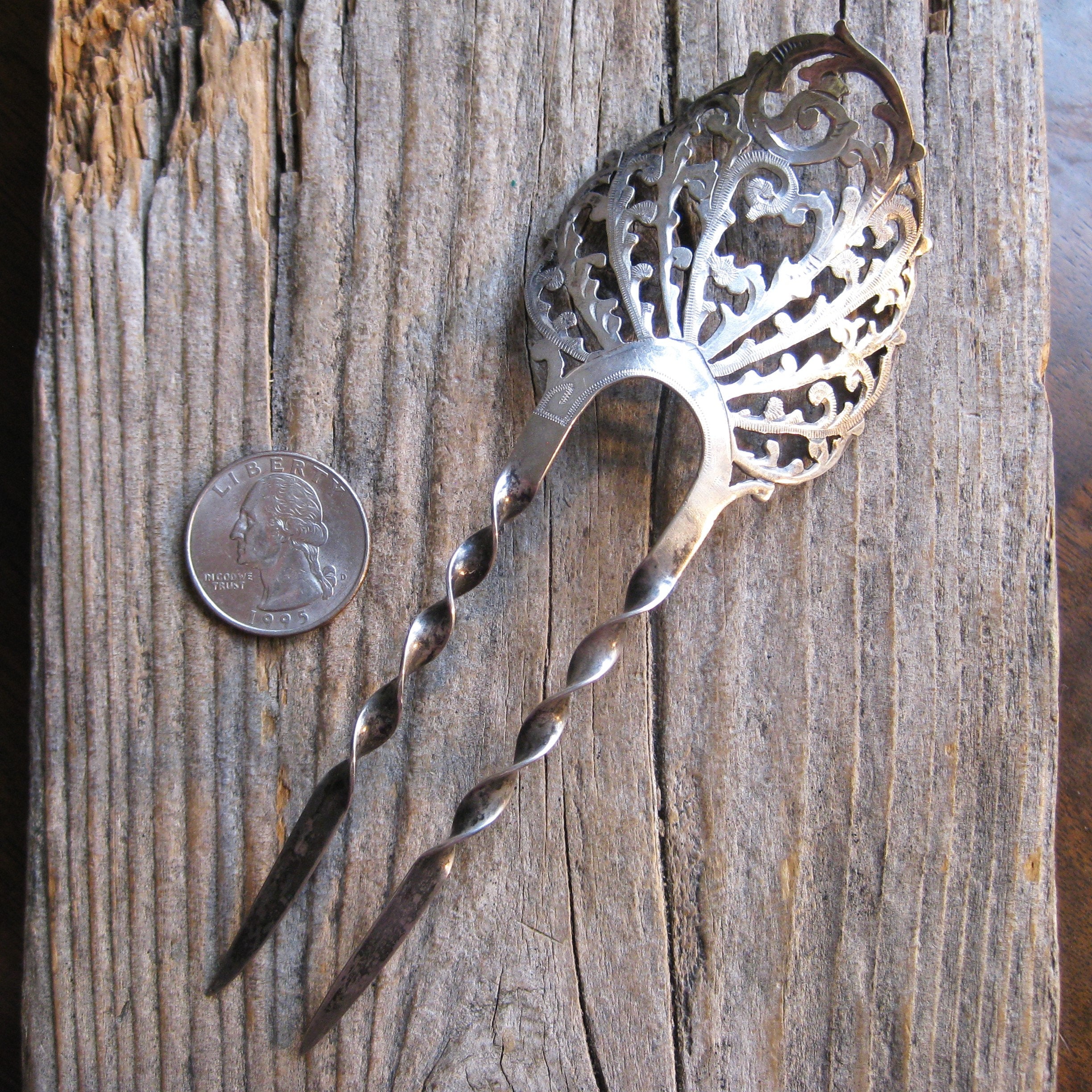 ca 1850 Sterling 6" Hairpin, bun holder fork hair comb pin pick.…