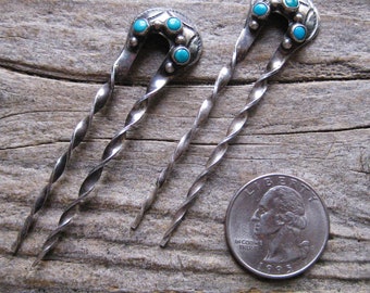 rare Zuni sterling TURQUOISE 3" HAIRPIN set, bun holder fork. Recognizable quality collectible. Southwestern wearable art. Sleeping Beauty.