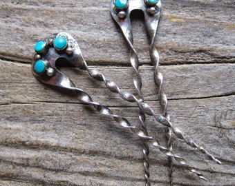 rare Zuni sterling TURQUOISE 3" HAIRPIN set, bun holder fork. Recognizable quality collectible. Southwestern wearable art. Sleeping Beauty.