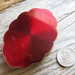 ca 1920 Red ENAMELED 3" brass Box engine turned hinged treasure stash, rings and sacred things. Collectible VOLUPTE' antique powder compact.