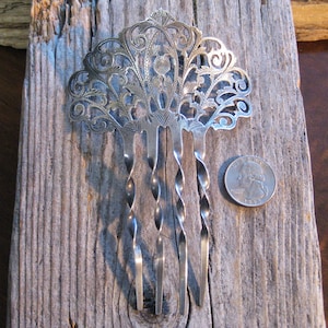 ca 1840-70 sterling VICTORIAN Georgian 5 1/4&quot; etched HAIR COMB pin bun holder. Artisan crafted antique collectible. Sturdy for all hair.