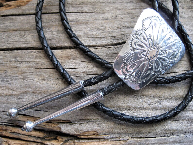 Southwestern traditional Eagle feather motif Navajo artisan crafted wearable art Barn wedding unisex. sterling BOLO bola string TIE