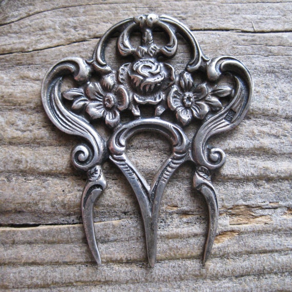 ca 1942 Egypt sterling HAIR pin JEWEL, 2" exotic artisan crafted cast sterling. Hallmarked, antique collectible decorative accent. Floral