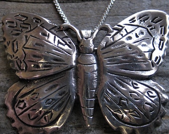 Navajo sterling BUTTERFLY 2 3/8&quot; PENDANT sandcast brooch pin NECKLACE. Unique artisan crafted quality vintage collectible. Southwestern.
