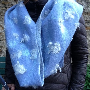 Azure Whispers Infinity Scarf with White Goat Locks; Blue  and white felted snood