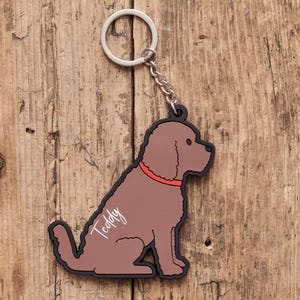 May include: A brown dog-shaped keychain with a red collar and the name "Teddy" in white script. The keychain has a black outline and a silver keyring and chain. The background is a wooden surface.