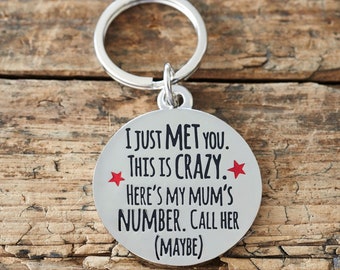 Personalised Dog Tag – Funny “I Just Met You This Is Crazy” Slogan ID Tag, Engraved Pet Name Tag, Silver-Plated Brass