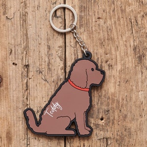 以下が含まれることがあります： 茶色の犬のキーホルダー。赤い首輪と、裏側に「Teddy」という名前が書かれています。キーホルダーは銀色のキーリングに付いています。